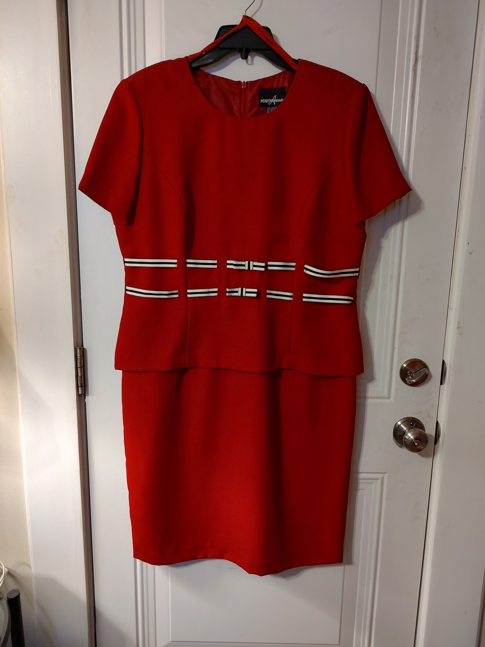 Positive Attitude Red Peplum Dress with Black & White Waist Stripes